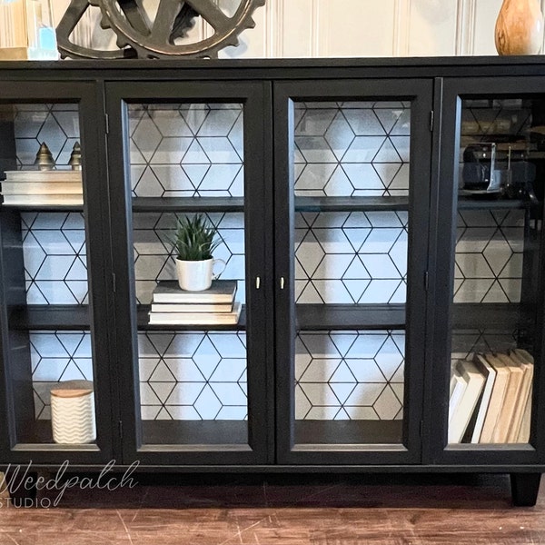 SOLD - Vintage Mid Century Modern Display with Glass Doors | Hand Painted Black Storage Cabinet