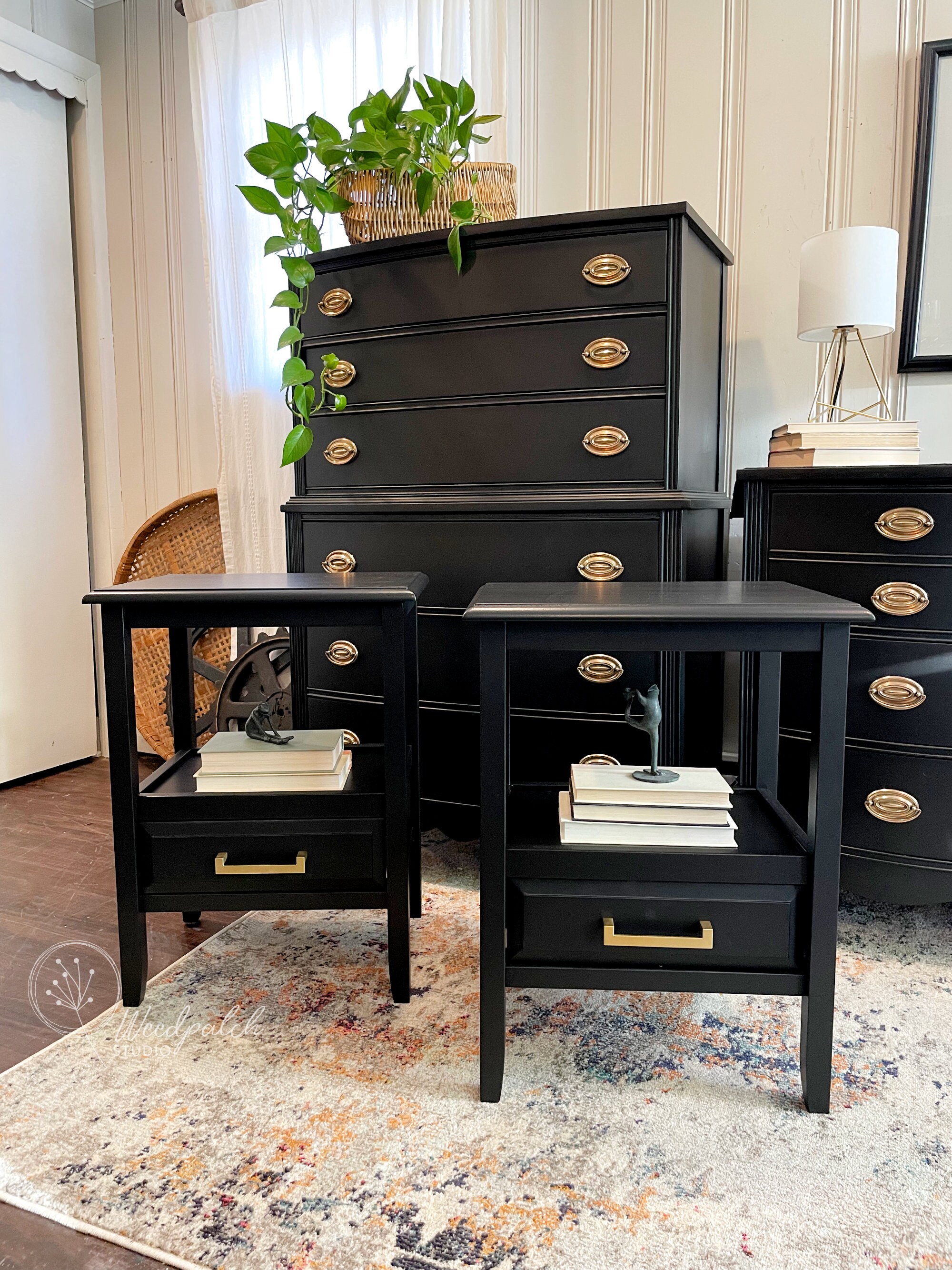 SAMPLE 4piece Black Bedroom Set Tallboy Dresser, Long Dresser, and Two