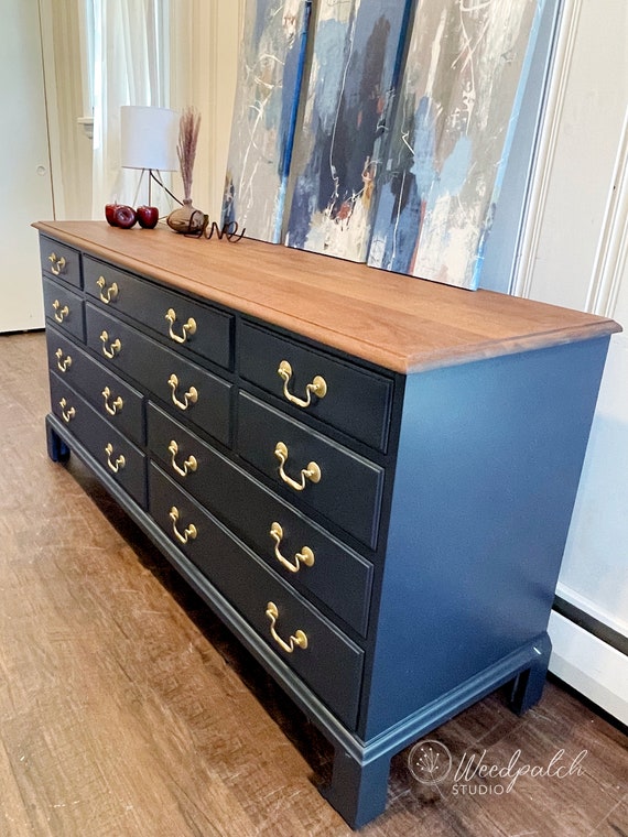 SOLD Modern Navy Blue Gold 10 drawer Long Dresser Hand painted