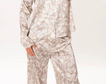 Pure Mulberry Silk Pyjamas, pearls and shells print, Mothers Day By Silk Dreams