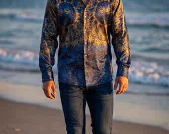 Men's PURE Mulberry SILK  Dinner Shirt: Universe of Stars Print - Made in Australia