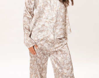 Mulberry Silk Pyjamas, Pearls and shells print bridal boudoir collection By Silk Dreams