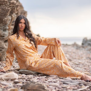 Mulberry Silk Pajama Set: Gold Swirl Print Luxury Loungewear