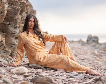 Mulberry Silk Pajama Set: Gold Swirl Print Luxury Loungewear