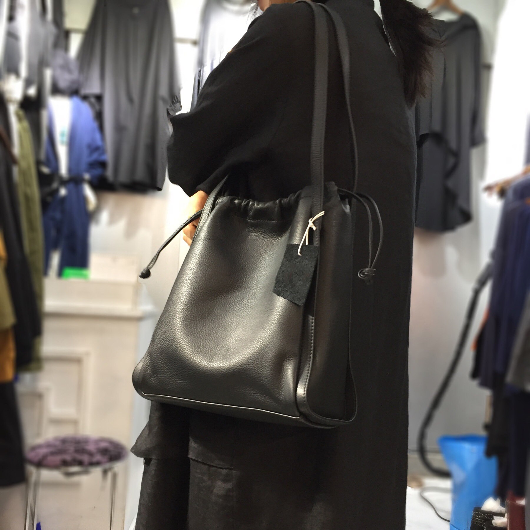 Minimalist Leather Underarm Bag Black Leather Bucket Bag Etsy