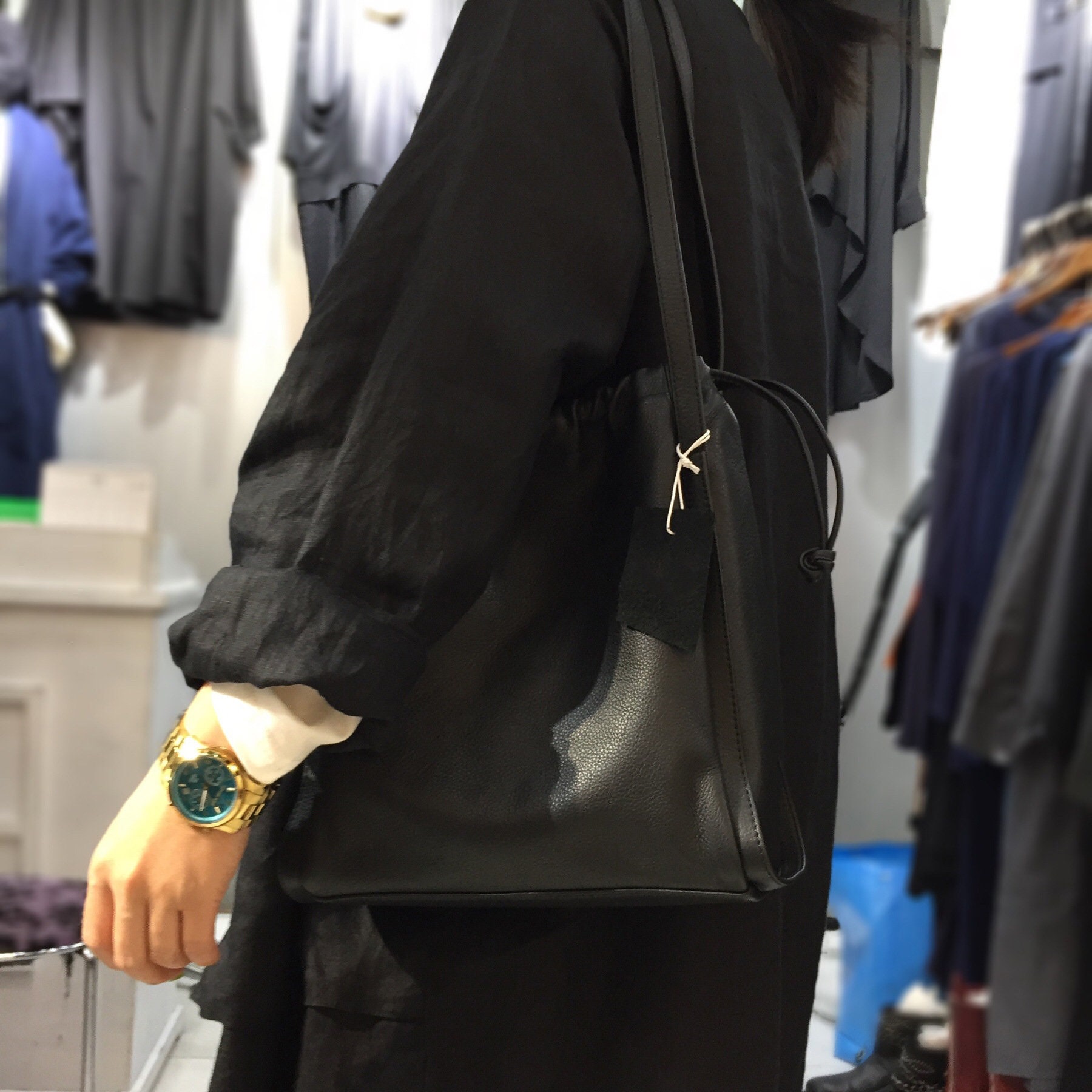 Minimalist Leather Underarm Bag Black Leather Bucket Bag Etsy