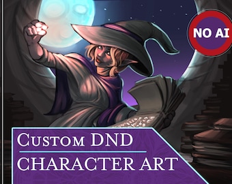 Puede incluir: Ilustración digital de un personaje de fantasía con un sombrero grande, sosteniendo un orbe brillante y un libro. La imagen tiene un esquema de color púrpura y azul con el texto "Custom DND Character Art" en una pancarta púrpura. Un círculo rojo con "NO AI" está en la parte superior derecha.