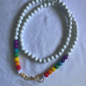 Crossbody wood Beaded Phone Leash/phone strap/beaded/detachable/phone accessory/gold/white- Follow the Rainbow 52&quot;