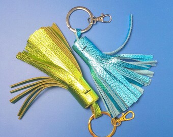 Handmade Genuine Leather Tassels - Bag charms - Blue + Green