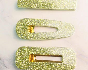 Hair Clip Set of 3 - Spring green glitter