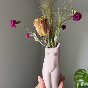 May include: A pale pink, body-shaped vase containing dried flowers. The vase features a minimalist design with defined breasts and legs. The dried flowers include a beige rose, purple globe amaranth, and tall, thin beige grass.