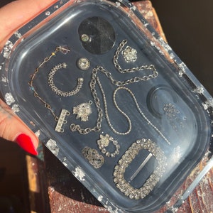 Resin trinket tray/rounded corners/rectangular/bejeweled catchall - Slate