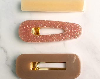 Hair Clip Set of 3 - Cream, Brown, and Sparkly Pink