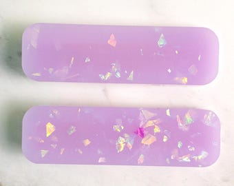 resin hair clip duo/thick rectangle hair clip/purple and holo foils