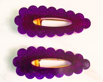 resin hair clip set of 2/scalloped hair accessory/ - deep purple