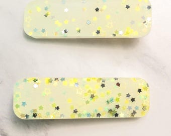 resin hair clip duo/thick rectangle hair clip/stars on thars - white, green, star glitter