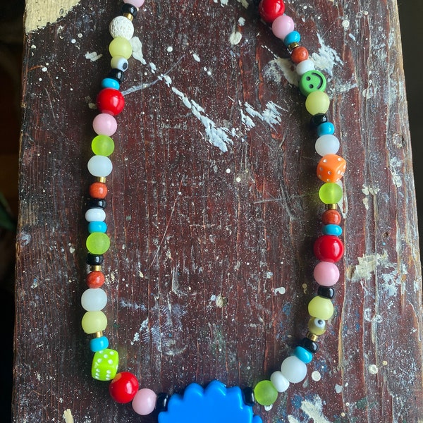 Dino beaded necklace/colorful/adjustable/glass/plastic/ceramic/clasp/friends necklace (grown up size)