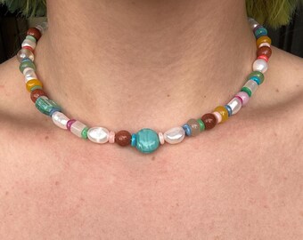 Goldstone & Freshwater Pearl Necklace | Rose Quartz  and Glass Bead Statement Piece