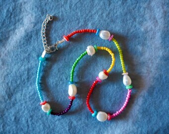 Rainbow Seed Bead & Pearl Necklace