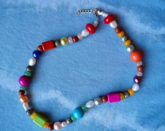 Artisan Chunky Beaded Necklace | Mixed Color Glass, Pearl & Goldstone Statement Jewelry
