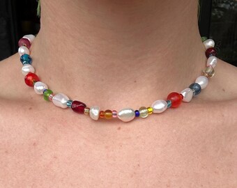 Colorful Pearl Beaded Necklace | Handmade Glass Bead Choker | One of a Kind Artisan Jewelry