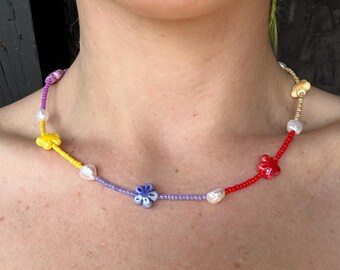 Flower Necklace | One-of-a-Kind Handmade Beaded Flower Necklace | Colorful Floral Jewelry | Artist Made Wearable Art