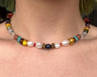 Artisan Gemstone & Pearl Beaded Necklace | Handmade One of a Kind Statement Jewelry