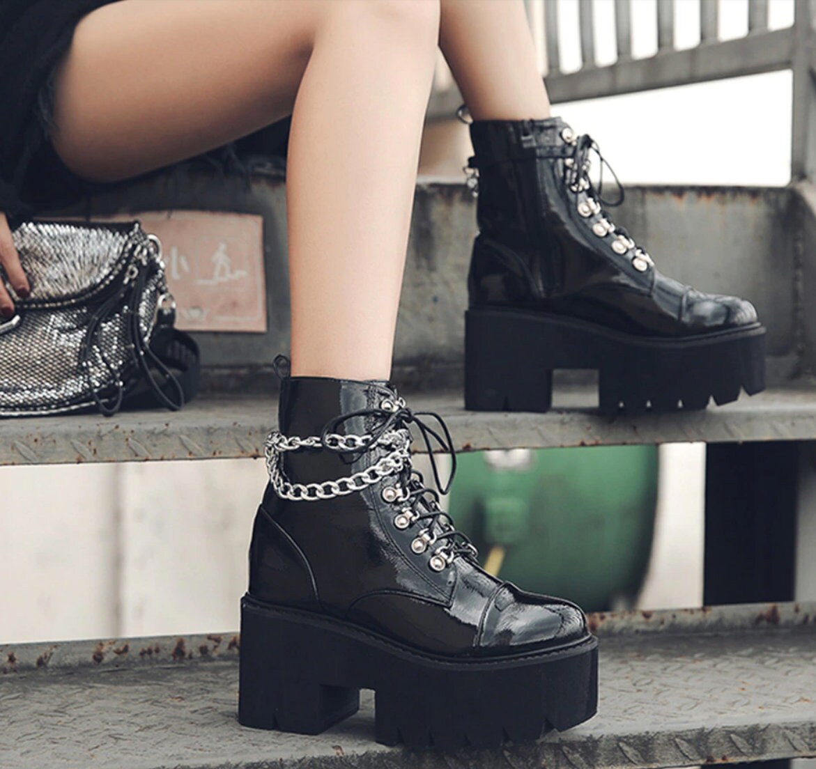 2016 Womens chunky heel platform lace-up punk goth creeper ankle boots  shoes