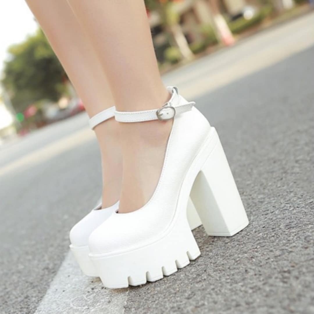 White Chunky Cleated Platforms Sole Block High Heels Mary Jane Shoes