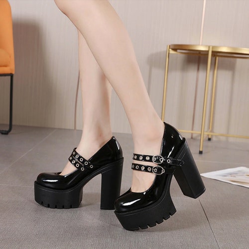 Patent Mary Jane Shoes Block Chunky Heels Buckle Platform - Etsy