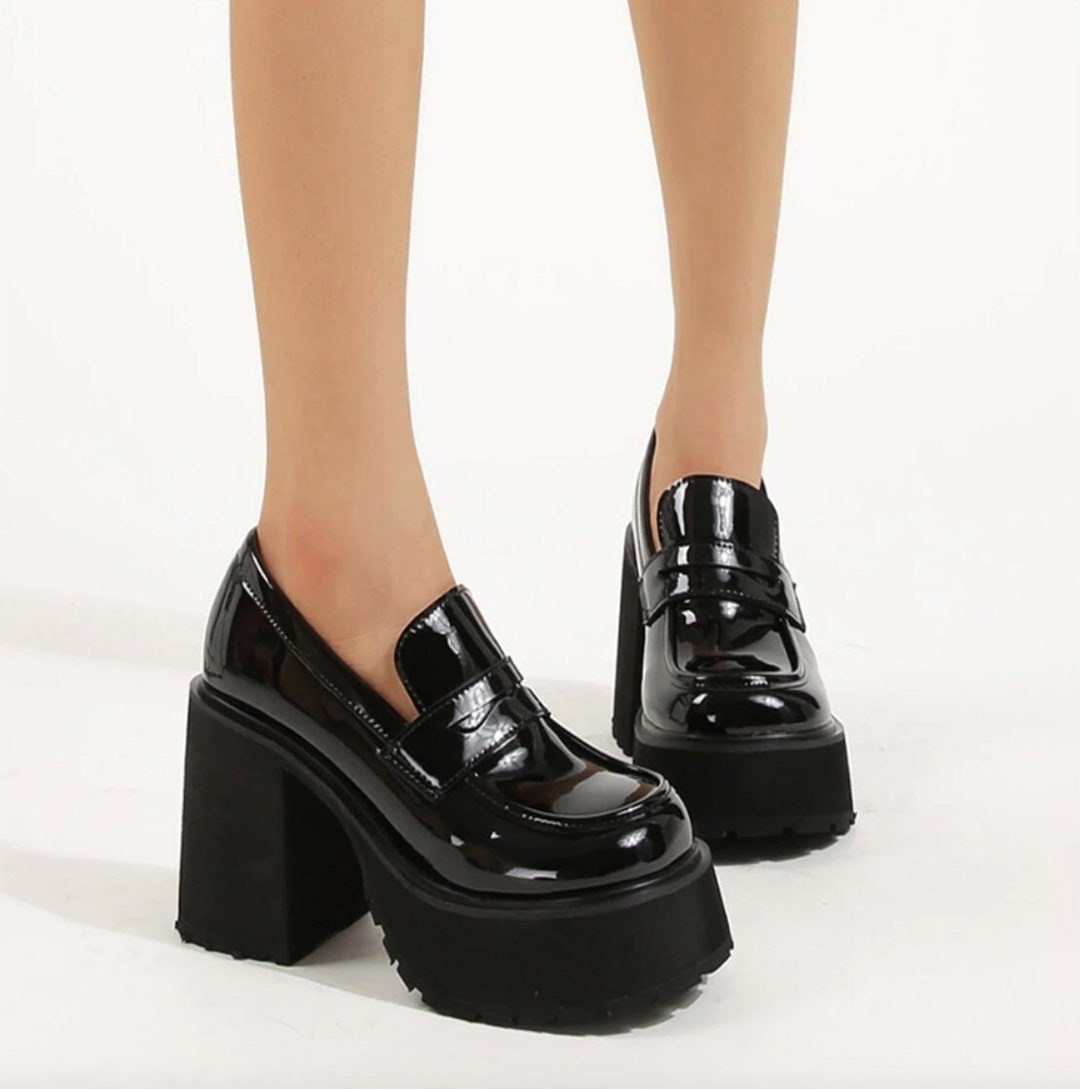 Patent Leather Platform Loafers Chunky Heels Buckle Mary -