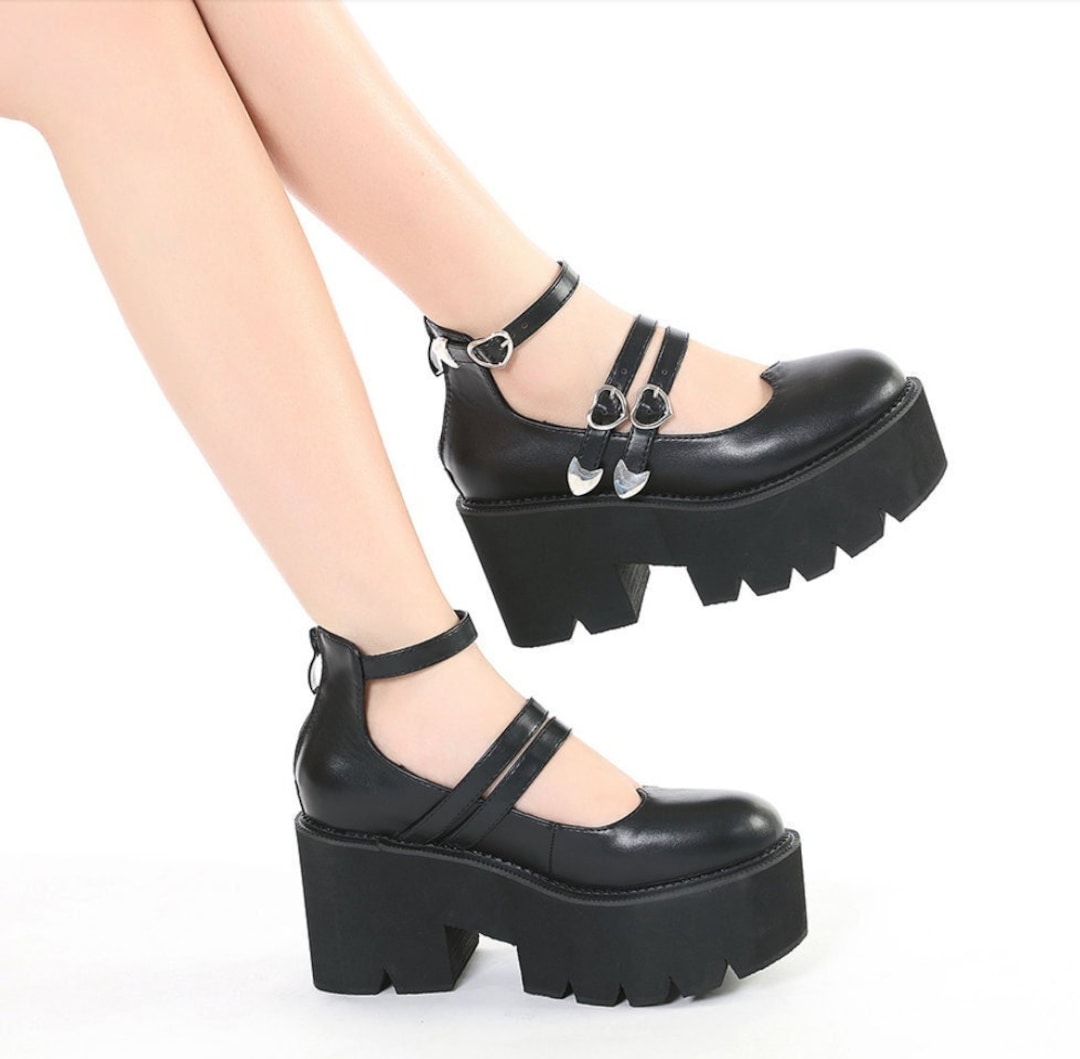 Handmade Black Leather T Strap Shoes Chunky Platform Heel 