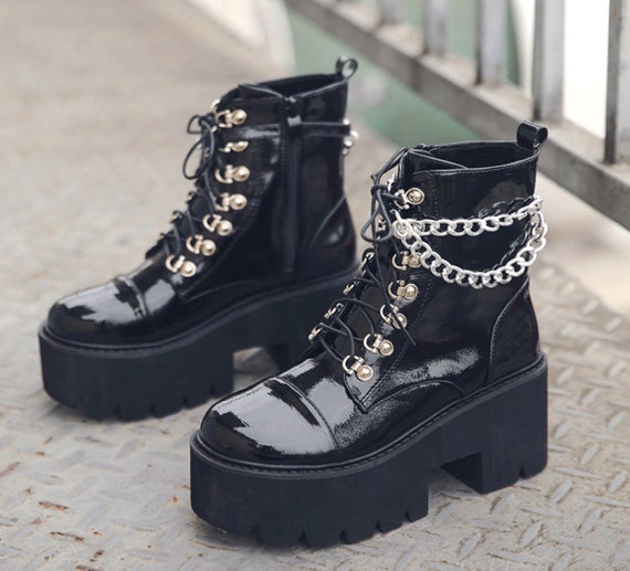 Punk Chain Platform Combat Boots Block Chunky Heels Goth - Etsy