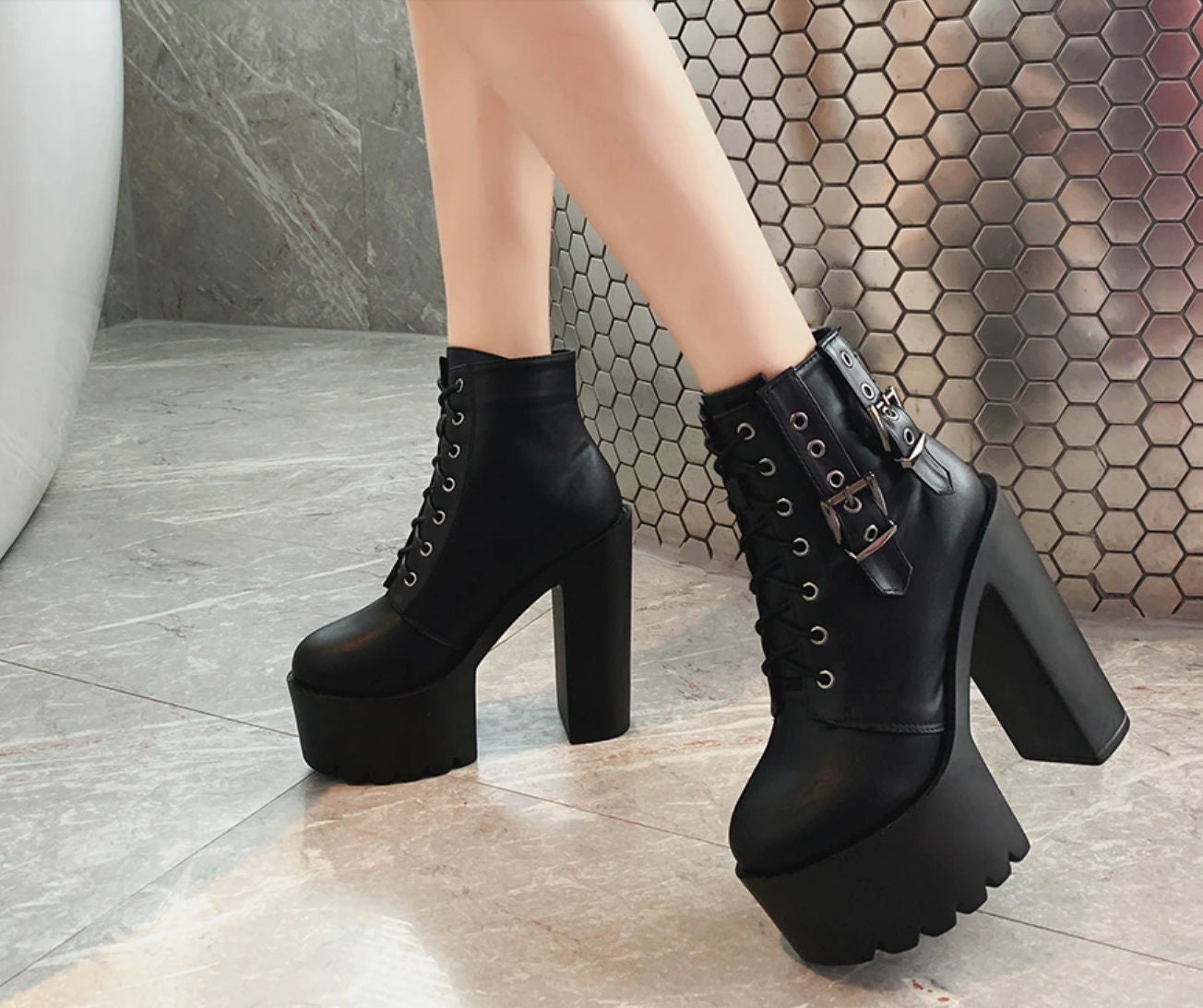 Platform Combat Boots Block Chunky Heels Buckle Punk Goth 