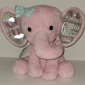 Personalized Birth Stats Elephant Plush in Pink, Gray, Purple, Blue or Yellow