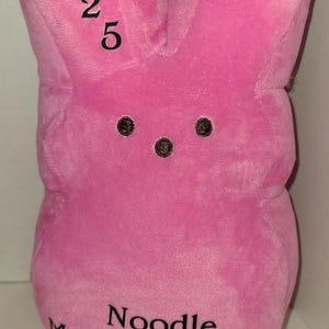May include: A plush pink bunny-shaped toy with black embroidered eyes and nose. The year "2025" is printed on one ear, and the name "Noodle McSnugglepants" is printed on the bottom. A cute and cuddly Easter-themed item.