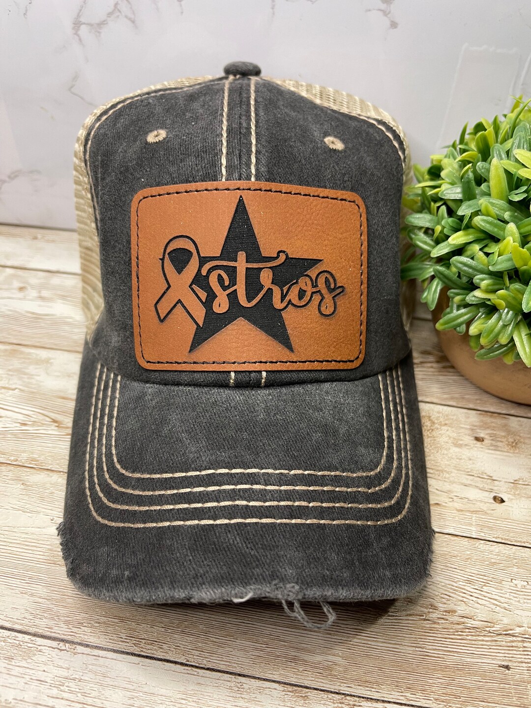 Astros Breast Cancer Ribbon Leather Patch Distressed Hat - Etsy