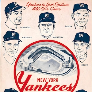 May include: Vintage New York Yankees baseball program cover from 1960, featuring illustrations of players like DiMaggio, Crosetti, and others. The design includes the Yankees logo and stadium, with text "Yankees in first Stadium All-Star Game."