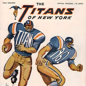May include: Vintage illustration of a football game program cover. The cover features two football players in blue and orange uniforms, with the text "The Titans of New York" and "Vs. Buffalo Bills". The date "December 8, 1962" is also visible.