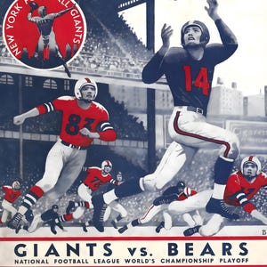 May include: Vintage football program cover featuring the New York Giants. The image shows players in action, with the text "GIANTS vs. BEARS" and "NATIONAL FOOTBALL LEAGUE WORLD'S CHAMPIONSHIP PLAYOFF." The date "DECEMBER 30, 1956" is also visible.