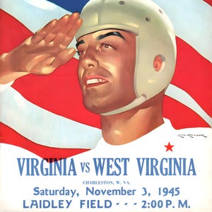 May include: Vintage illustration of a football player saluting in front of an American flag. The image is a cover for "The Mountaineer Illustrated" magazine, with text reading "Virginia vs West Virginia" and the date "November 3, 1945."