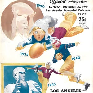 May include: Vintage football program cover featuring illustrations of players in action from different eras. The program is for the Los Angeles Rams vs. Chicago Bears game on October 30, 1949, with the price of 25 cents.