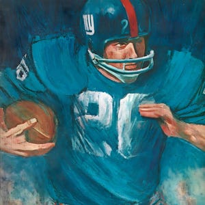 May include: An illustration of a football player in a blue uniform with the number 91, holding a football. The player wears a blue helmet with a red stripe and the letters "NY". The image is from the NFL Illustrated magazine, with the text "GIANTS vs. BROWNS".