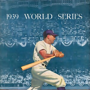 May include: Vintage 1939 World Series souvenir program cover. A baseball player swings a bat in a stadium setting. The text reads "1939 World Series" and "New York Yankees vs Cincinnati Reds".