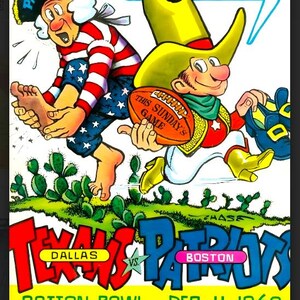 May include: Vintage football game poster featuring cartoon characters representing the Dallas Texans and Boston Patriots. The image includes the text "Tenderfoot!" and "This Sunday's Game." The poster is for the Cotton Bowl game on December 11, 1960.