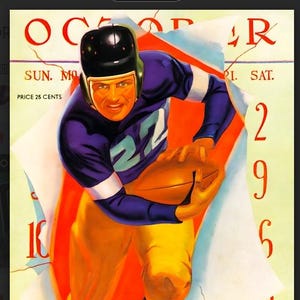 May include: Vintage football poster featuring a player in a purple jersey with the number 22, holding a football. The poster announces the Florida vs. L.S.U. game on September 25, 1937. The price is 25 cents.