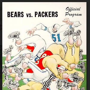 May include: Vintage football program cover for the Bears vs. Packers game. The illustration depicts players in action, with the text "BEARS vs. PACKERS" at the top. The date is Sunday, October 3, 1954, at 1:30 P.M. at Green Bay City Stadium.