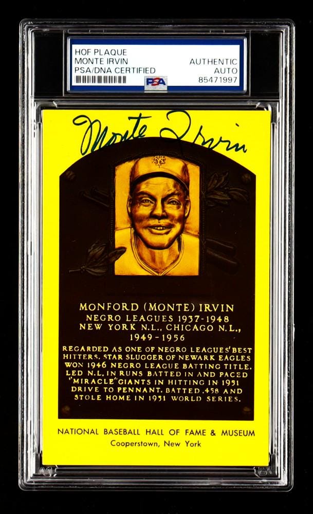 Monte Irvin Newark Eagles (Negro League), New York Giants (NL) and Chicago Cubs Signed Hall of Fame Plaque Postcard (PSA) -Free Shipping