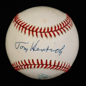 Tommy Henrich NY Yankees & Mickey Owen Brooklyn Dodgers Dual Signed ONL Baseball with Ball Cube (JSA)- Free Shipping