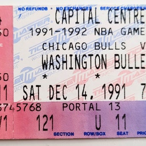 Chicago Bulls vs. Washington Bullets Dec. 14.1991 (Michael Jordan 29 points) Ticket Stub Capital Centre, Washington, DC